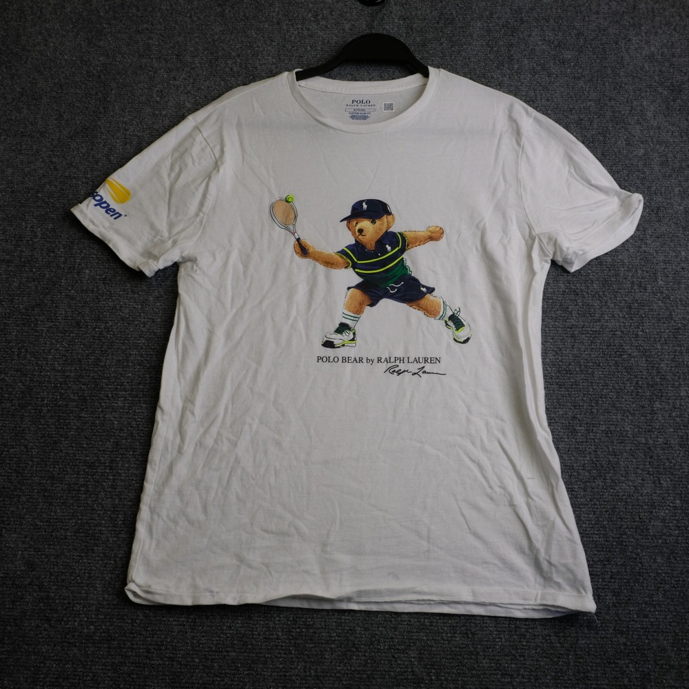 Polo Ralph Lauren T-Shirt Mens Medium White US Open Tennis Bear Graphic Tee